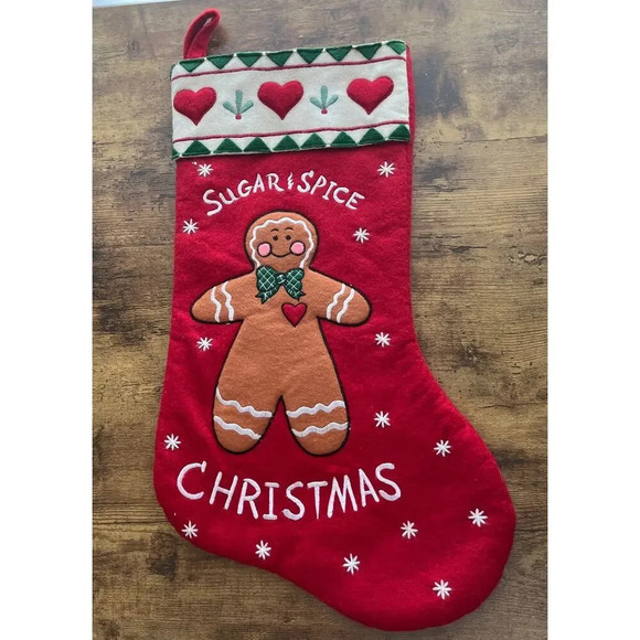 Sugar & Spice Christmas Red Stocking Embroidery Gingerbread Man 6X19 - Picture 1 of 11